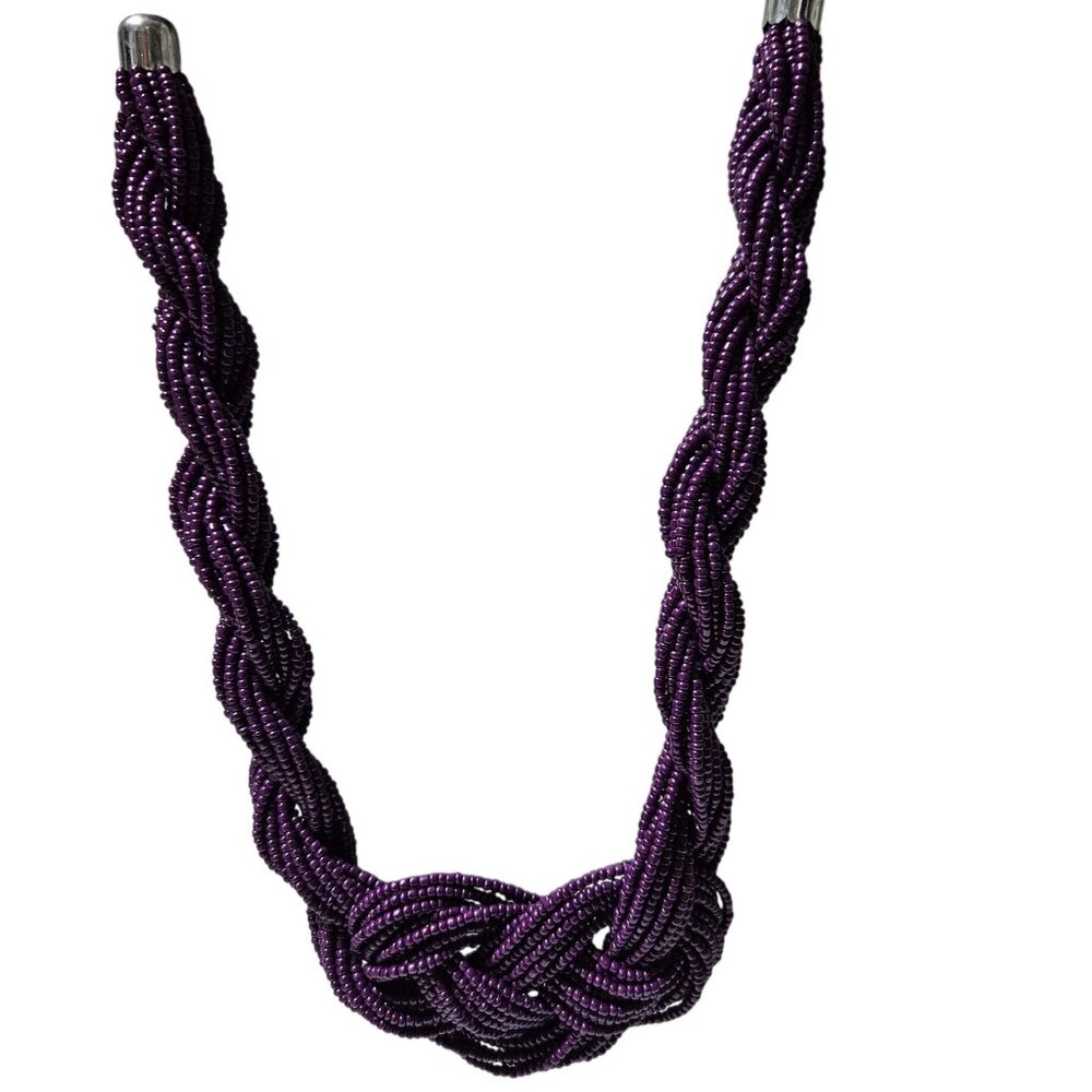 Vintage Purple Chunky Beaded Braided Necklace Statement Seed Beads Jewelry Women